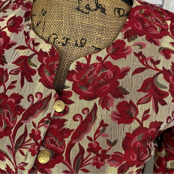 Vintage BASSET Floral Brocade Hip Jacket Button Front Gold Red 38 Petite Small - Picture 2 of 12